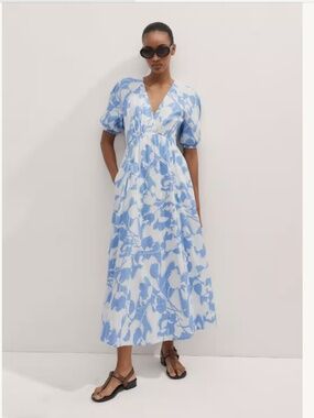 ME+EM Cheesecloth Tulip Print Midi Dress White Blue Size US 12 Cotton Me + Em